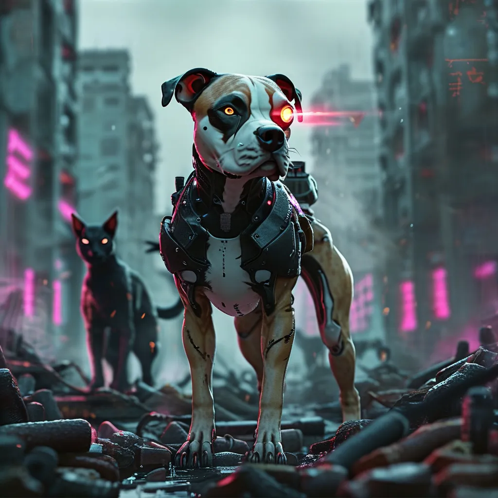 Prompt: Cyber punk a female cyborg pit bull, (she is fawn and with a white chest and  patched white face) she has a kind and determined face and her (floppy ears bounce as she iis battling) ,amidst a dystopian city in ruins, dark color scheme, ominous atmosphere, evil demon cats lurking as they do their dark demonic deeds - it is an intense struggle, the pit bull has a laser eye piece that is on her head, gun laser sights cut through the scene ,  neon glows in the dark backdrop, gritty details, high depth, 4K ultra-detailed, cinematic vibe, captivating scene of despair and determination.(ultra detail), (vivid), (cyberpunk) 