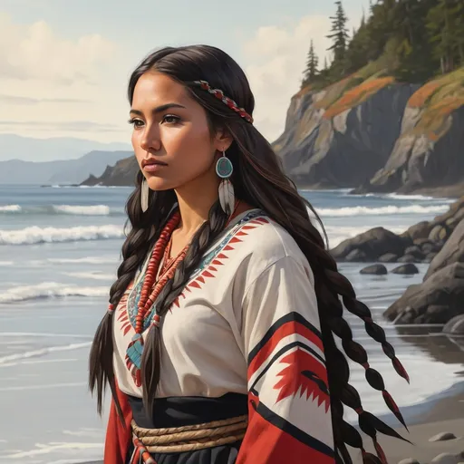 Prompt: illustration of a young coast Salish Native American woman standing on a rocky Northwest Coast beach. She is wearing a traditional Native American Coaast Salish clothing  and has long braided hair. The woman is looking off to the side with a serious expression on her face. she has (a red hand print painted on her face0,  In the background, there is  beautiful view of the ocean crashing vivid blue/green and white waves, the sky is overcast but the sun has broken through casting light on the woman and her spot on the rocky beach,  an old growth cedar forest  beyond the shore and a rocky cliff on the left side. the landscape is vivid and detailed,  there are a pair of eagles circling above, this is a highly detailed, hd, highest quality artistic masterpiece