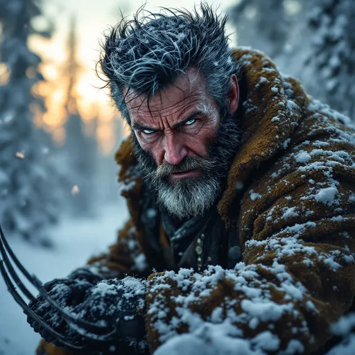 Prompt: (masterpiece) depiction of the Marvel character Wolverine in a Canadian snowy wilderness, older and battle-worn, dramatic vivid depiction, dark color scheme, intense facial expressions, his extended claws are visible, the background should be clear and he should be apart of it , he has detailed scars and rugged attire, a dystopian future where the x-men are gone, the scene should exude his isolation in a harsh environment high contrast lighting, dramatic shadows, ultra-detailed character model, vivid, immersive background, epic and dynamic atmosphere, meticulous detailing of environment settings, cinematic depth, HD quality