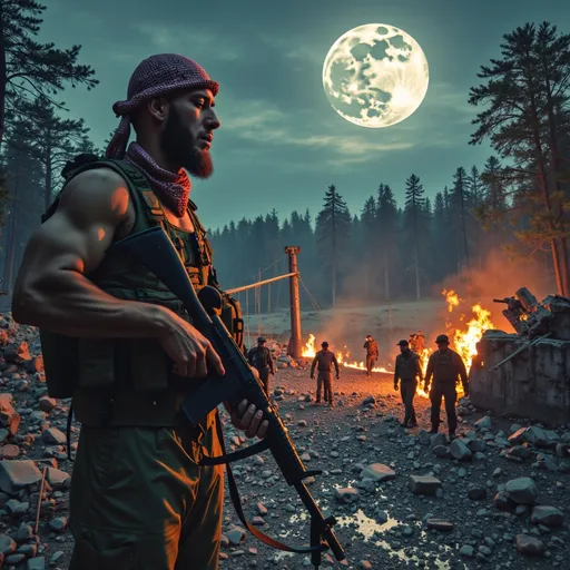 Prompt:  @wHyUBvweo9LUk0iGZfzK  (dramatic) photorealistic depiction @wHyUBvweo9LUk0iGZfzK (wearing a muslim kufi and keyeffiah), (he is muscular and lean) and battle worn face, standing in front of a devastated village, the remnants of crumbling buildings silhouetted against a moonlit night, Thick, dark forests loom ominously in the background, a crescent moon casts a pale glow over the scene, swirling smoke and flickering flames that still burn amidst the ruins, @wHyUBvweo9LUk0iGZfzK , is standing along several Chechen soliders in a somber formation, each gripping their AK-47s , The expressions reflect a mix of humility and sorrow, as they survey the destruction around them, The (vibrant colors) contrast sharply with the dark tones of the forest and the village, creating a haunting and striking atmosphere.
(Highest Quality), (Highest DETAIL), (hd), (64K), MASTERPIECE