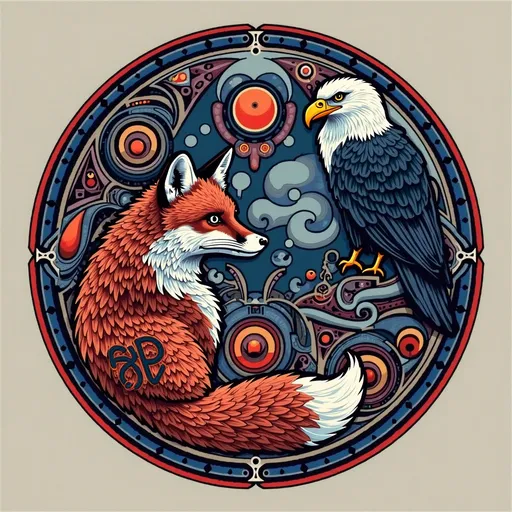 Prompt: This is a digitally drawn, circular, northwest coastal tribal-style art design featuring a red fox and a raven and an eagle. done in the style of a traditional tomoe it is intricately detailed, done in mostly darkk blues and deep redsit is vifid, bold and clean bold lines and vibrant color,  The overall style combines elements of traditional art of the pacific northwest coast native americans, with modern digital techniques, resulting in a striking and dynamic composition. masterpiece, highest detail, art