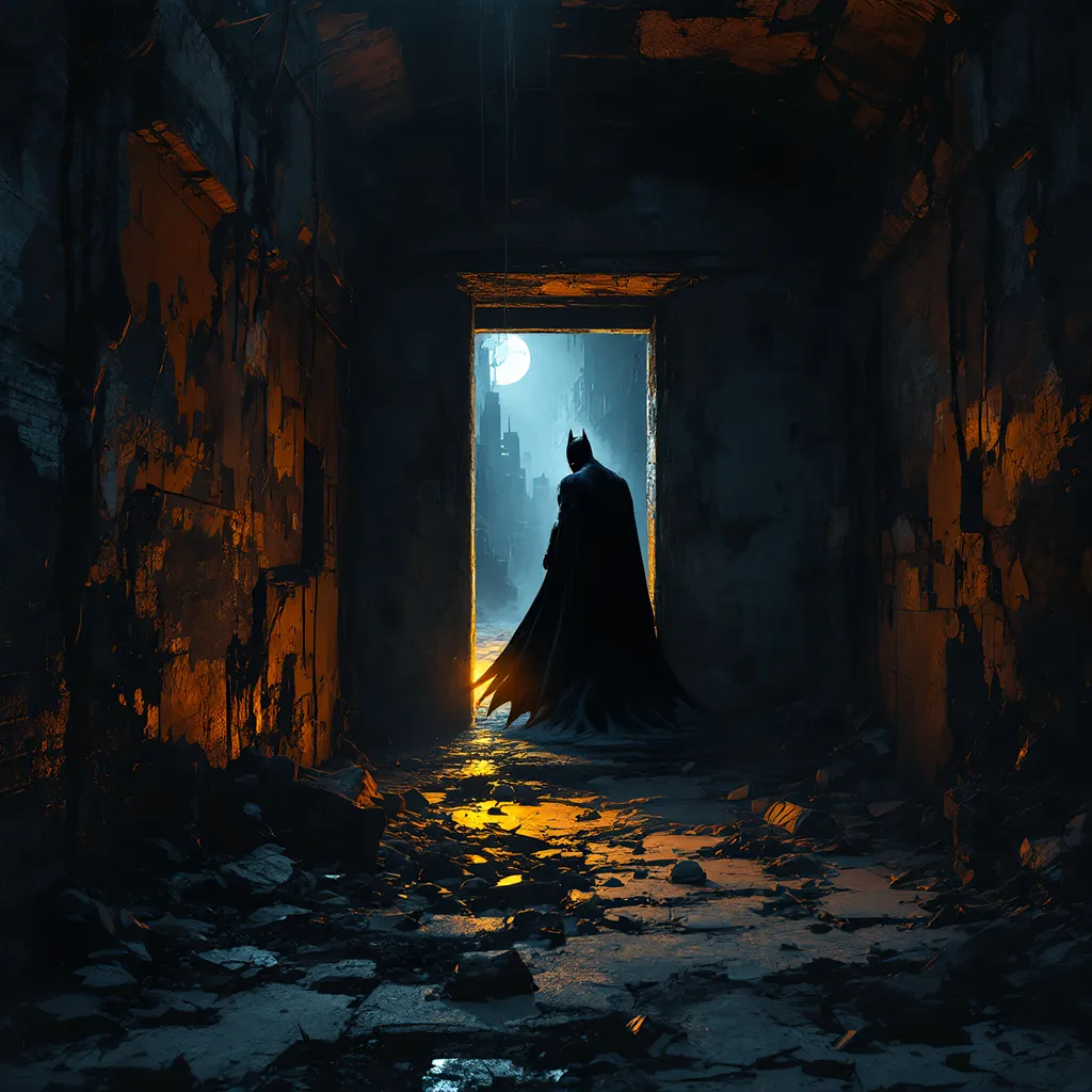 Prompt: (Masterpiece), A vivid dark rendition of (Batman) emerging ominously from the shadows of a doorway in a  Gotham City rundown abandoned subway, the scene is dark and dramatic, it is a clear expression of liminality and spaces and transitions, the  atmosphere is tense and mysterious,(( high detail)), ultra-detailed, (dramatic), cinematic masterpiece, showcasing shadows and contrasts in a fantastical style.