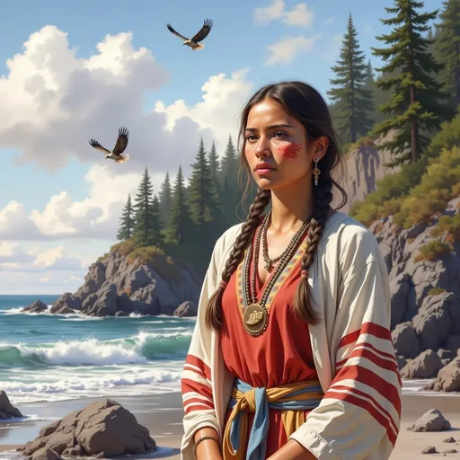 Prompt: illustration of a young coast Salish Native American woman standing on a rocky Northwest Coast beach. She is wearing a traditional Native American Coaast Salish clothing  and has long braided hair. The woman is looking off to the side with a serious expression on her face. she has (a red hand print painted on her face0,  In the background, there is  beautiful view of the ocean crashing vivid blue/green and white waves, the sky is overcast but the sun has broken through casting light on the woman and her spot on the rocky beach,  an old growth cedar forest  beyond the shore and a rocky cliff on the left side. the landscape is vivid and detailed,  there are a pair of eagles circling above, this is a highly detailed, hd, highest quality artistic masterpiece