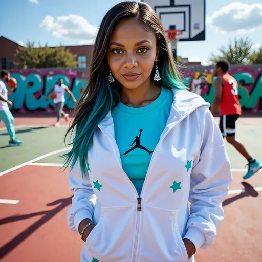 Prompt: A vibrant fashion editorial illustration of @IOLXGnfeRgQAuUl5Tu8x standing confidently in front of an outdoor basketball court urban, vibrant color and lighting, where players are energetically engaging in  a 1 on 1 game in the background. She is wearing stylish white Jordan hoodie paired with matching Jordan joggers, showcasing her sporty yet chic aesthetic. On her feet, she sports a striking pair of Jordan Retro 11s that add a pop of flair. Her accessories include bold earrings and a stud nose piercing that catch the light. Her hair, streaked with blue and teal, flows freely, adding to the dynamic energy of the scene. The atmosphere is lively, with colorful graffiti on the court walls and bright sunlight casting playful shadows, enhancing the overall vibrant color scheme of the image. Highest detail, professional photo, highest quality, dramatic, vibrant lighting, 64k, HVD
