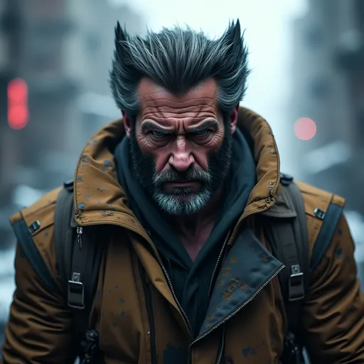 Prompt:  a pan out depiction of Wolverine, older and battle-worn, dramatic vivid depiction, dark color scheme, intense facial expressions, his extended claws are visible, the background should be clear and he should be apart of it , he has detailed scars and rugged attire, a dystopian future where the x-men are gone, the scene should exude his isolation in a harsh environment high contrast lighting, dramatic shadows, ultra-detailed character model, vivid, immersive background, epic and dynamic atmosphere, meticulous detailing of environment settings, cinematic depth, HD quality
