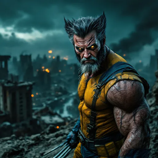 Prompt: Wolverine, older and battle-worn, dramatic realistic depiction, dark color scheme, intense facial expressions, detailed scars and rugged attire, high contrast lighting, dramatic shadows, ultra-detailed character model, vivid, immersive background, epic and dynamic atmosphere, meticulous detailing of environment settings, cinematic depth, HD quality