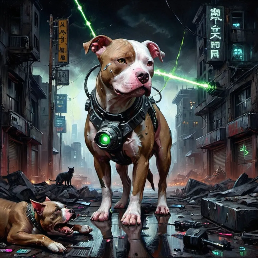 Prompt: Cyber punk a female cyborg pit bull, (she is fawn and with a white chest and  patched white face) she has a kind and determined face and her (floppy ears bounce as she iis battling) ,amidst a dystopian city in ruins, dark color scheme, ominous atmosphere, evil demon cats lurking as they do their dark demonic deeds - it is an intense struggle, the pit bull has a laser eye piece that is on her head, gun laser sights cut through the scene ,  neon glows in the dark backdrop, gritty details, high depth, 4K ultra-detailed, cinematic vibe, captivating scene of despair and determination.(ultra detail), (vivid), (cyberpunk) 