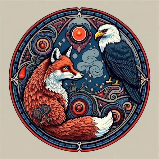 Prompt: This is a digitally drawn, circular, northwest coastal tribal-style art design featuring a red fox and a raven and an eagle. done in the style of a traditional tomoe it is intricately detailed, done in mostly darkk blues and deep redsit is vifid, bold and clean bold lines and vibrant color,  The overall style combines elements of traditional art of the pacific northwest coast native americans, with modern digital techniques, resulting in a striking and dynamic composition. masterpiece, highest detail, art
