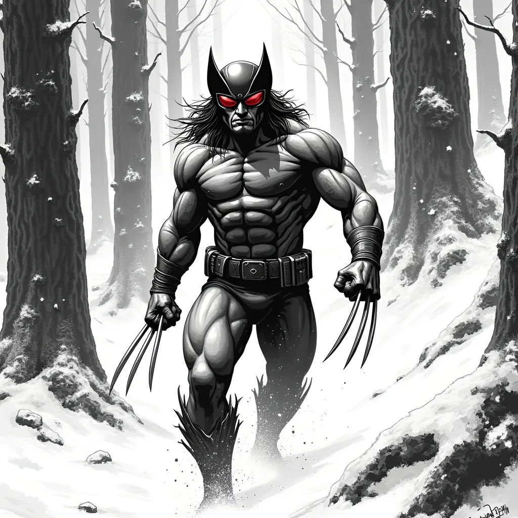 Prompt: The image is a black and white illustration of Logan, or Wolverine escaping his captures who were doing mind control experiments on him, . He is standing in a snowy forest with tall trees in the background. The man is wearing a helmet with red goggles and has a muscular physique. He has long, flowing hair and is holding a pair of claws in his right hand. His left hand is raised in a fighting stance, as if he is ready to strike. The overall mood of the image is intense and powerful.