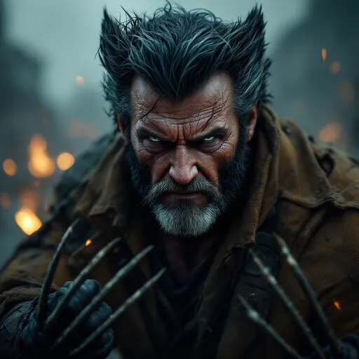 Prompt: Wolverine, older and battle-worn, dramatic vivid depiction, dark color scheme, intense facial expressions, his extended claws are visible, he has detailed scars and rugged attire, a dystopian future where the x-men are gone, the scene should exude his isolation in a harsh environment high contrast lighting, dramatic shadows, ultra-detailed character model, vivid, immersive background, epic and dynamic atmosphere, meticulous detailing of environment settings, cinematic depth, HD quality