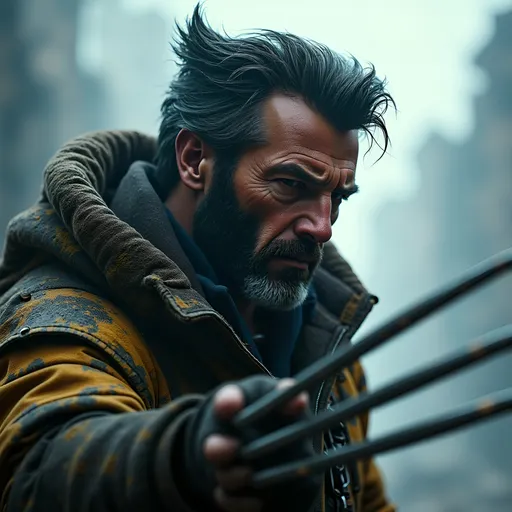 Prompt:  a pan out depiction of Wolverine, older and battle-worn, dramatic vivid depiction, dark color scheme, intense facial expressions, his extended claws are visible, the background should be clear and he should be apart of it , he has detailed scars and rugged attire, a dystopian future where the x-men are gone, the scene should exude his isolation in a harsh environment high contrast lighting, dramatic shadows, ultra-detailed character model, vivid, immersive background, epic and dynamic atmosphere, meticulous detailing of environment settings, cinematic depth, HD quality