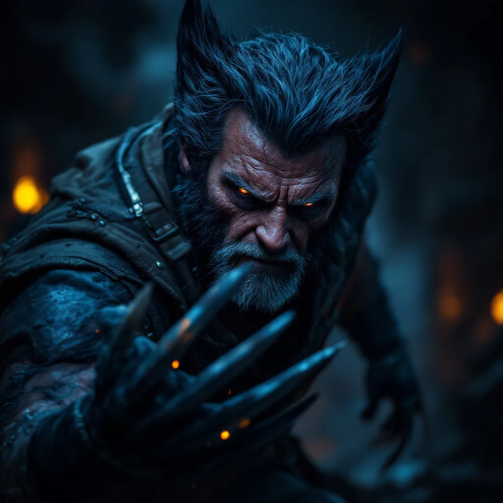 Prompt: Wolverine, older and battle-worn, dramatic vivid depiction, dark color scheme, intense facial expressions, his extended claws are visible, he has detailed scars and rugged attire, a dystopian future where the x-men are gone, the scene should exude his isolation in a harsh environment high contrast lighting, dramatic shadows, ultra-detailed character model, vivid, immersive background, epic and dynamic atmosphere, meticulous detailing of environment settings, cinematic depth, HD quality