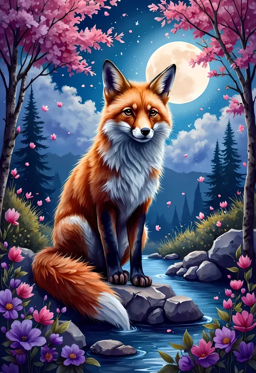 Prompt: In a whimsical,(vivid), dramatic and vibrant landscape, a stylized fox stands wisely amid a fantastical forest, its fur decorated with intricate patterns of bold colors that shimmer like a spectrum of light magically ,The scene unfolds under a luminous full moon that casts a vibrant glow across the rolling hills and forest trees, their foliage radiating hues of pink, purple, and blue against the dark night sky. A tranquil stream reflects the moonlight, enhancing the dreamlike quality of the setting, he is standing in a liminal space, this piece about edge spaces, transformation and liminality, The overall composition evokes a sense of wonder and magic, as if the fox is a guardian of this surreal realm, bridging  light and dark, day and night. Highest quality, very detailed, masterpiece