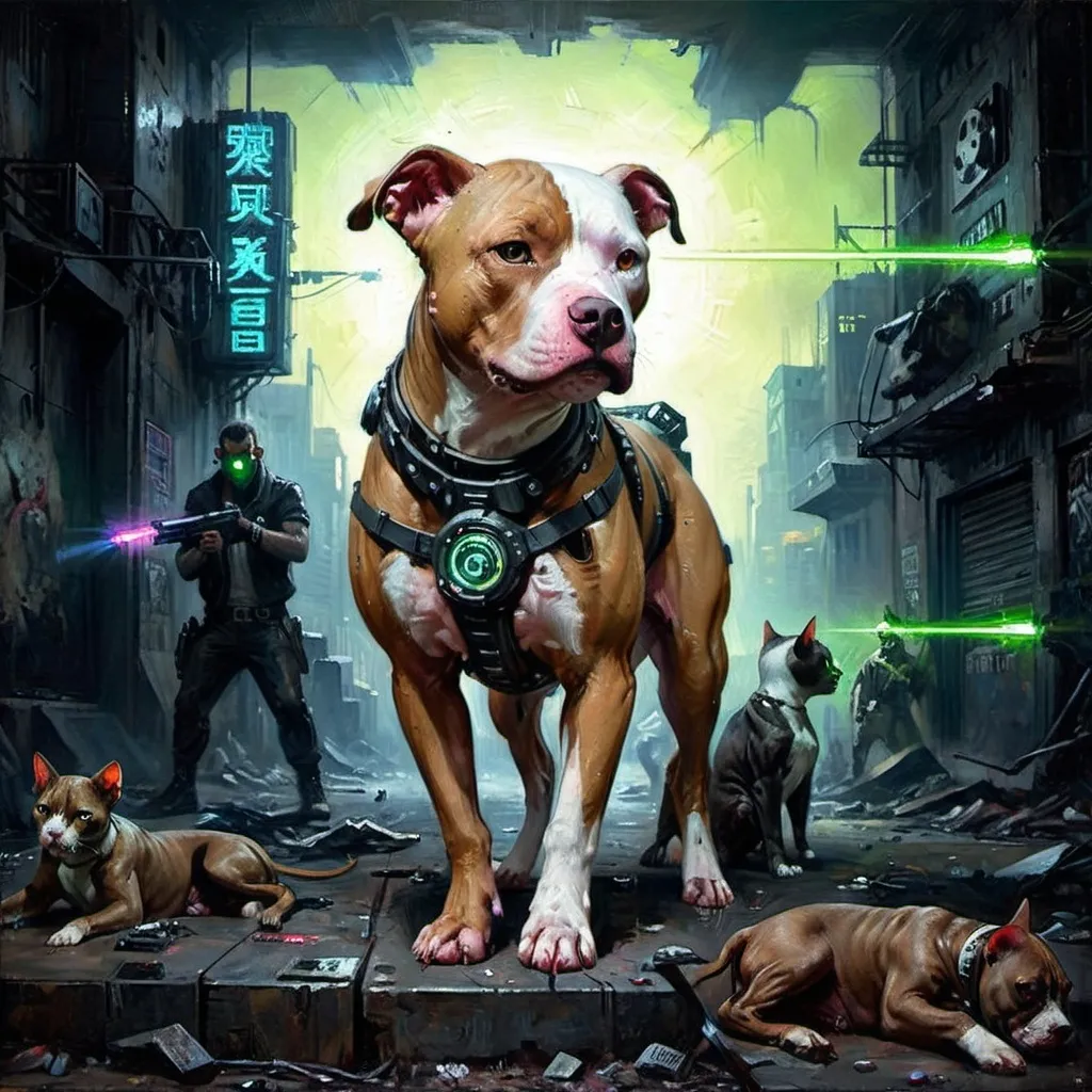 Prompt: Cyber punk a female cyborg pit bull, (she is fawn and with a white chest and  patched white face) she has a kind and determined face and her (floppy ears bounce as she iis battling) ,amidst a dystopian city in ruins, dark color scheme, ominous atmosphere, evil demon cats lurking as they do their dark demonic deeds - it is an intense struggle, the pit bull has a laser eye piece that is on her head, gun laser sights cut through the scene ,  neon glows in the dark backdrop, gritty details, high depth, 4K ultra-detailed, cinematic vibe, captivating scene of despair and determination.(ultra detail), (vivid), (cyberpunk) 