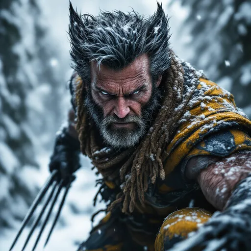 Prompt: (masterpiece) depiction of the Marvel character Wolverine in a Canadian snowy wilderness, older and battle-worn, dramatic vivid depiction, dark color scheme, intense facial expressions, his extended claws are visible, the background should be clear and he should be apart of it , he has detailed scars and rugged attire, a dystopian future where the x-men are gone, the scene should exude his isolation in a harsh environment high contrast lighting, dramatic shadows, ultra-detailed character model, vivid, immersive background, epic and dynamic atmosphere, meticulous detailing of environment settings, cinematic depth, HD quality