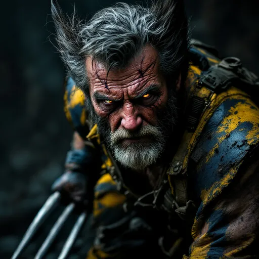 Prompt: Wolverine, older and battle-worn, dramatic realistic depiction, dark color scheme, intense facial expressions, detailed scars and rugged attire, high contrast lighting, dramatic shadows, ultra-detailed character model, vivid, immersive background, epic and dynamic atmosphere, meticulous detailing of environment settings, cinematic depth, HD quality