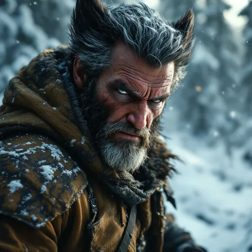 Prompt: (masterpiece) depiction of the Marvel character Wolverine in a Canadian snowy wilderness, older and battle-worn, dramatic vivid depiction, dark color scheme, intense facial expressions, his extended claws are visible, the background should be clear and he should be apart of it , he has detailed scars and rugged attire, a dystopian future where the x-men are gone, the scene should exude his isolation in a harsh environment high contrast lighting, dramatic shadows, ultra-detailed character model, vivid, immersive background, epic and dynamic atmosphere, meticulous detailing of environment settings, cinematic depth, HD quality