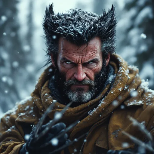 Prompt: (masterpiece) depiction of the Marvel character Wolverine in a Canadian snowy wilderness, older and battle-worn, dramatic vivid depiction, dark color scheme, intense facial expressions, his extended claws are visible, the background should be clear and he should be apart of it , he has detailed scars and rugged attire, a dystopian future where the x-men are gone, the scene should exude his isolation in a harsh environment high contrast lighting, dramatic shadows, ultra-detailed character model, vivid, immersive background, epic and dynamic atmosphere, meticulous detailing of environment settings, cinematic depth, HD quality