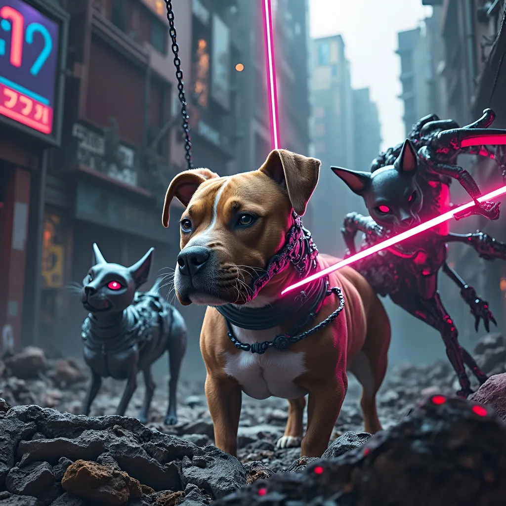Prompt: Cyber punk a female cyborg pit bull, (she is fawn and white with a white chest and white face) she has a kind and determined face and her (floppy ears bounce as she iis battling) ,amidst a dystopian city in ruins, dark color scheme, ominous atmosphere, evil demon cats lurking as they do their dark demonic deeds - it is an intense struggle, the pit bull has a laser eye piece that is on her head, gun laser sights cut through the scene ,  neon glows in the dark backdrop, gritty details, high depth, 4K ultra-detailed, cinematic vibe, captivating scene of despair and determination.(ultra detail), (vivid), (cyberpunk) 
