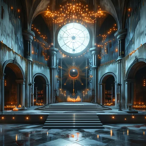 Prompt: ((masterpiece)),((photo-realism)),realistic, dark scheme, ethereal ambiance,esoteric ambiance (Vibrant light) a depiction of the ritual chamber of the "CHATEAU DES AMEROIS" in Holland, intricate architectural details, a dark atmosphere, the large occult ritual chamber known as "the thousand points of light", there are 1000 points of outside light cast in the room in very intentional design, points, the light is prominent and draws a definitive noticeable contrast to the scene, occult ((textured)), (ultra-detailed), high-definition, dramatic contrast,  and immersive atmosphere.