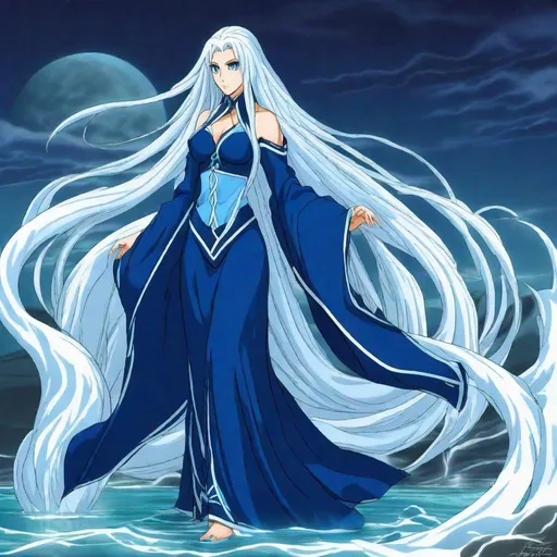 Prompt: A beautiful young adult ((British)) anime Water elemental princess with light skin and a beautiful symmetrical face. She has long smooth straight white hair that parts and she has two long strands of hair coming down the sides of her face and white eyebrows. She has a small nose. She wears a beautiful dark blue divine goddess dress. She wears dark blue princess slippers on her feet. She has big bright glowing dark blue eyes and blue pupils. She is standing wielding water magic fighting against the justice league.  Full body art. Five fingers