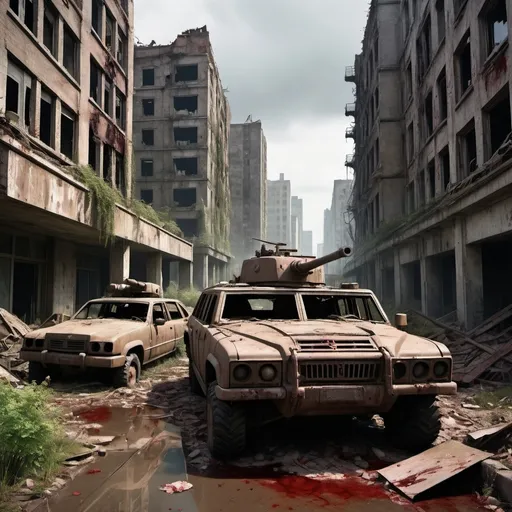 Prompt: Overgrown metropolis, post-apocalyptic world, ruined and massively destroyed, destroyed military vehicles and tanks sprawling everywhere, blood everywhere on the buildings and ground, dead bodies lying.