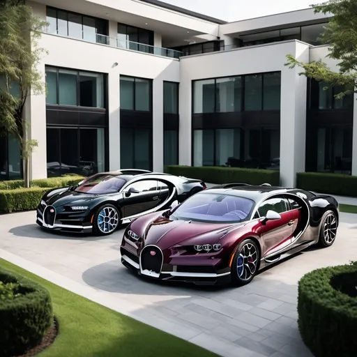 Prompt: 3 black, white and maroon Bugatti Chiron parking next to each other in the massive yard of a massive and luxurious, opulent and modern penthouse.
