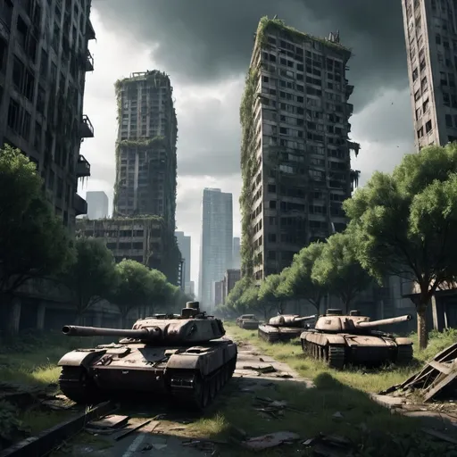 Prompt: Overgrown metropolis, post-apocalyptic world, ruined and massively destroyed, destroyed military tanks sprawling everywhere, blood everywhere on the buildings and ground. Really badly destroyed skyscrapers, futuristic, overgrown, Last of us vibe, eerie atmosphere, dark sky.