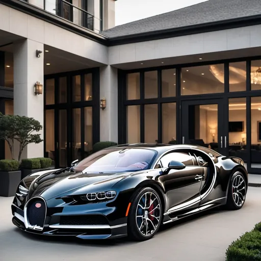 Prompt: 5 black Bugatti Chiron parking in the massive yard of a massive and luxurious, opulent and modern penthouse.