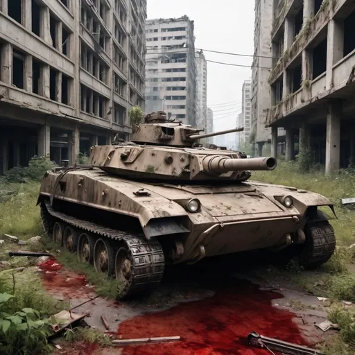 Prompt: Overgrown metropolis, post-apocalyptic world, ruined and massively destroyed, destroyed military vehicles and tanks sprawling everywhere, blood everywhere on the buildings and ground, dead bodies lying.