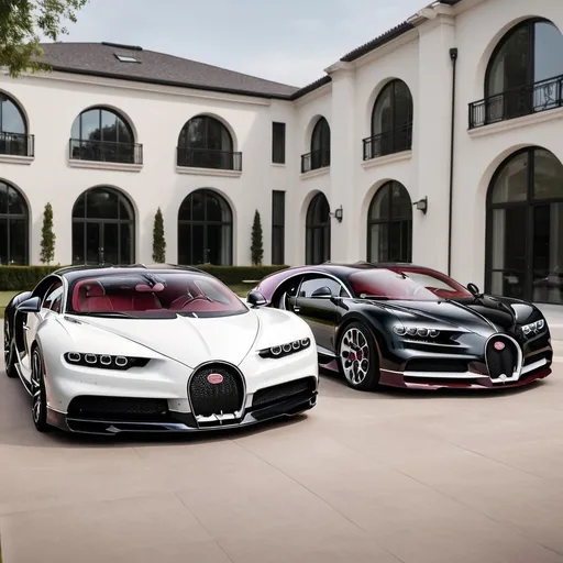 Prompt: 3 black, white and maroon Bugatti Chiron parking next to each other in the massive yard of a massive and luxurious, opulent and modern penthouse.