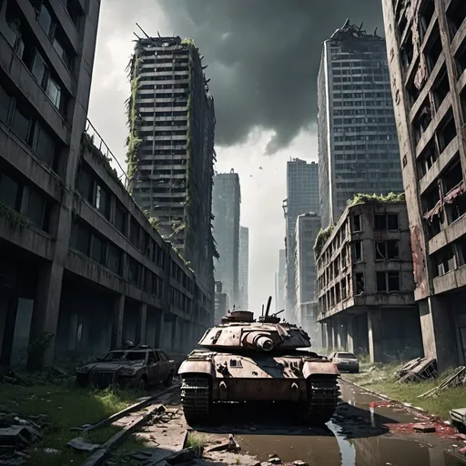 Prompt: Terribly destroyed metropolis, post-apocalyptic world, ruined and massively destroyed, destroyed military tanks sprawling everywhere, blood everywhere on the buildings and ground. Really badly destroyed skyscrapers, futuristic, overgrown, Last of us vibe, eerie atmosphere, dark sky.
