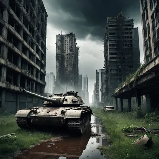 Prompt: Terribly destroyed metropolis, post-apocalyptic world, ruined and massively destroyed, destroyed military tanks sprawling everywhere, blood everywhere on the buildings and ground. Really badly destroyed skyscrapers, futuristic, overgrown, Last of us vibe, eerie atmosphere, dark sky.