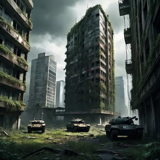 Prompt: Overgrown metropolis, post-apocalyptic world, ruined and massively destroyed, destroyed military tanks sprawling everywhere, blood everywhere on the buildings and ground. Really badly destroyed skyscrapers, futuristic, overgrown, Last of us vibe, eerie atmosphere, dark sky.