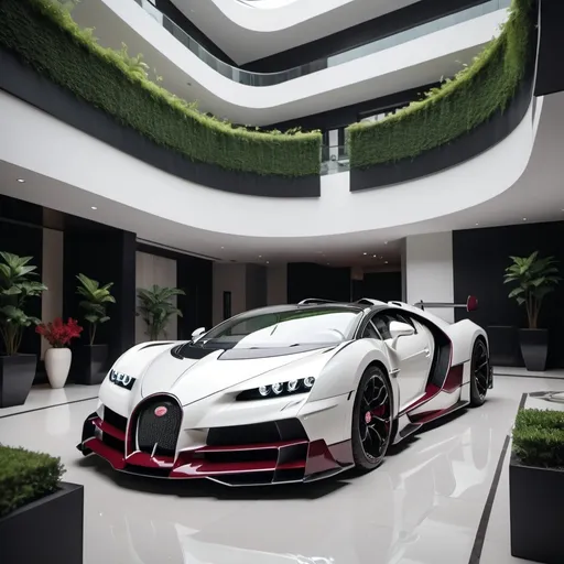 Prompt: 3 black, white and maroon Bugatti Chiron and a Lamborghini Veneno parking next to each other in the massive yard of a massive and luxurious, opulent and modern penthouse.