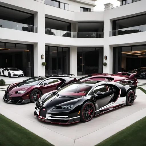 Prompt: 3 black, white and maroon Bugatti Chiron and a Lamborghini Veneno parking next to each other in the massive yard of a massive and luxurious, opulent and modern penthouse.