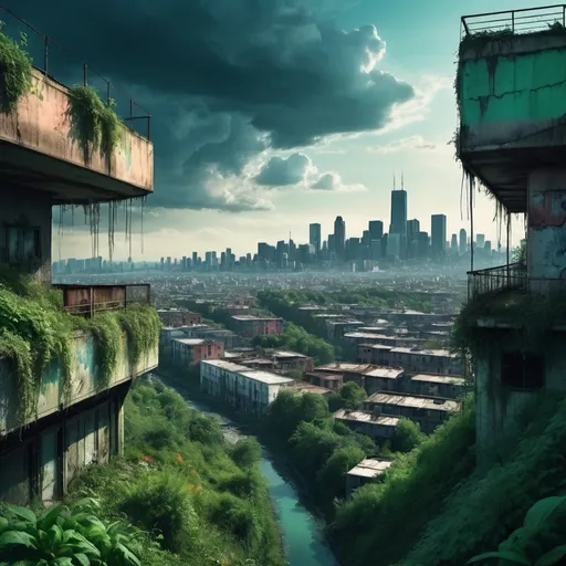 Prompt: a rich natural landscape on left half, on right half inverted colours grimy city place at bottom, sprwaling metropolis on top