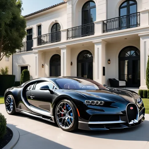 Prompt: 5 black Bugatti Chiron parking in the massive yard of a massive and luxurious, opulent and modern penthouse.