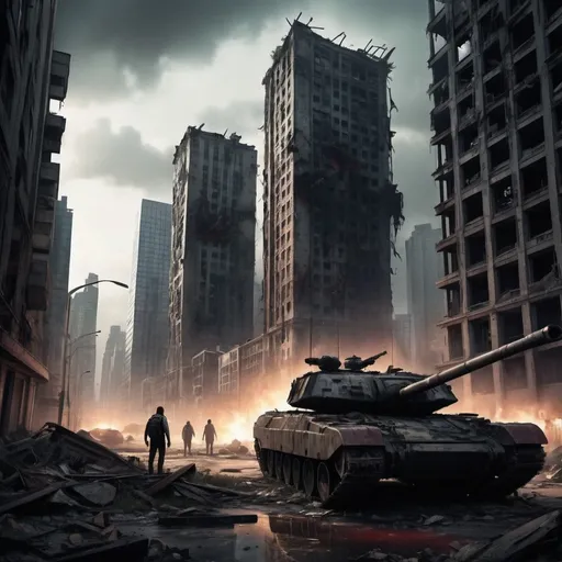 Prompt: Terribly destroyed metropolis, post-apocalyptic world, ruined and massively destroyed, destroyed military tanks sprawling everywhere, blood everywhere on the buildings and ground. Really badly destroyed skyscrapers, futuristic, Last of us vibe, eerie atmosphere, dark sky, The Purge vibe.