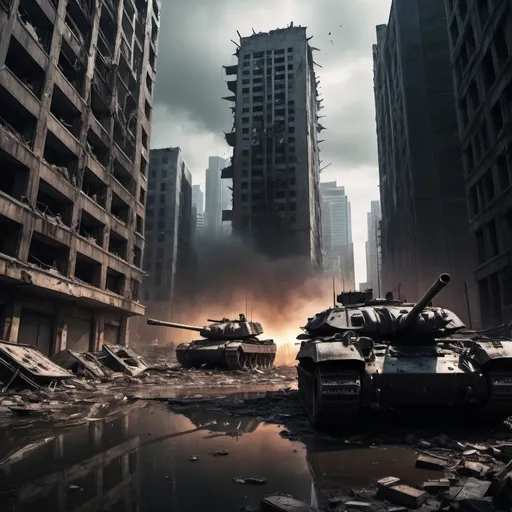 Prompt: Terribly destroyed metropolis, post-apocalyptic world, ruined and massively destroyed, destroyed military tanks sprawling everywhere, blood everywhere on the buildings and ground. Really badly destroyed skyscrapers, futuristic, Last of us vibe, eerie atmosphere, dark sky, The Purge vibe.