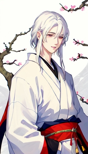 Prompt: 25-year-old boy, ancient Japan, medium length white hair, gentle smile, delicate facial features, one-color clothing

