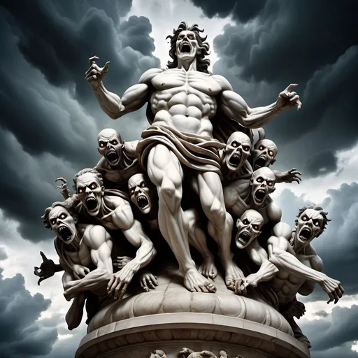 Prompt: a low angle shot of a highly complex, intricate, hyperdetailed huge marble statue, renaissance style, of multiple sinister smiling zombies falling from the sky. the ominous sky has dark clouds and thunders. sinister, eerie, ominous, haunting atmosphere, dramatic lighting to highlight the intricate details of the huge statue. epic, dramatic, photorealistic, masterpiece