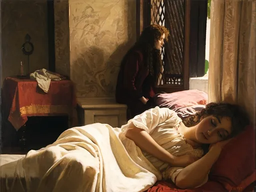 Prompt: Lord Leighton painting of a woman laying on a bed in a white nightdress, while a curly-haired young lady in a red dress looks out of a window, dawn sunshine, Mediterranean villa, romantic, pre-Raphaelite