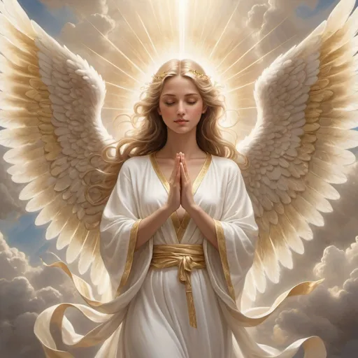 Prompt: Angel radiating peace and beauty, elegant gold and white robes, heavenly clouds, god of kindness, high quality, divine, ethereal, peaceful, elegant, tranquil atmosphere, detailed wings, serene expression, soft lighting, heavenly, radiant, serene, majestic, comforting, warm tones