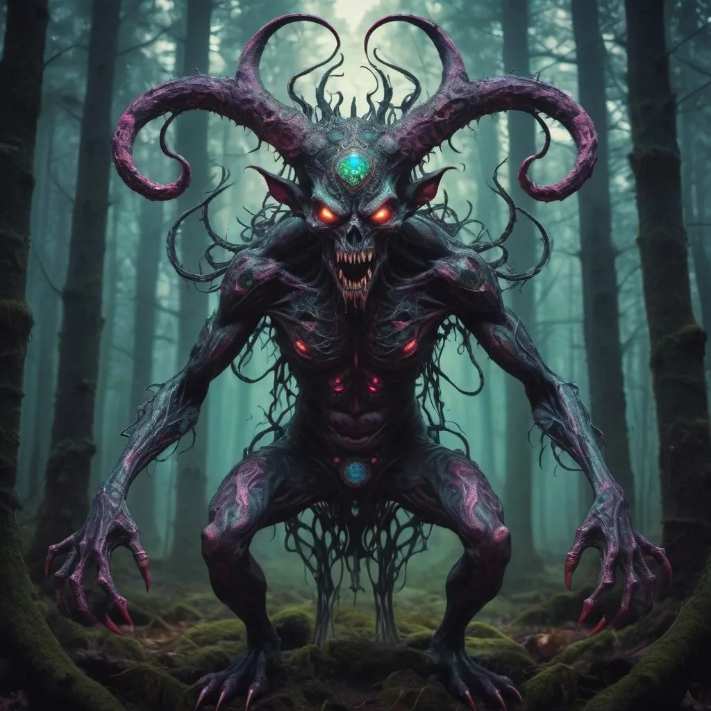 Prompt: Incredibly dark and mystical creature that has multiple limbs and heads, they are connected in ways that don't defy the laws of earth. Extremely scary and hardcore terror. The demon is in a psychedelic kaleidoscope of pure horror and forest. 