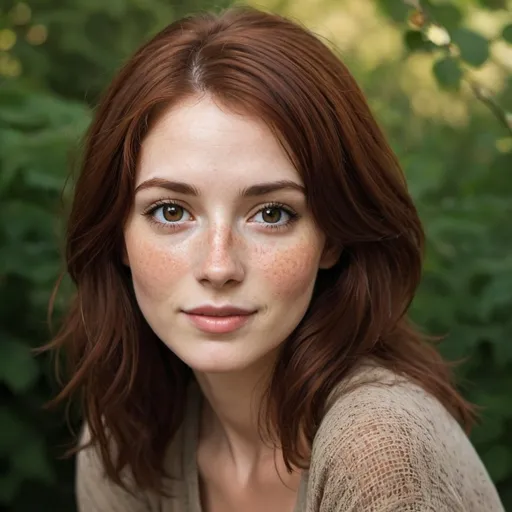 Prompt: a woman with her wide brown eyes paired with her auburn hair and fair skin, she was beyond alluring. She had a scattering of freckles across her nose, and her face was heart-shaped with full lush lips and a slightly crooked smile.  A rich, chocolate brown,  Her auburn hair hung loosely around her shoulders. Her wide brown eyes


