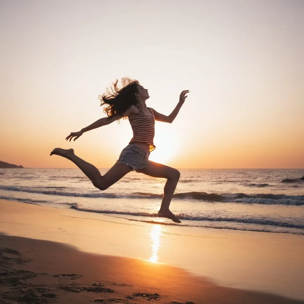 Prompt: a beautiful girl jumping in a sun set
