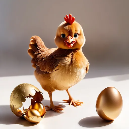 Prompt: a little brown chiken with a golden egg