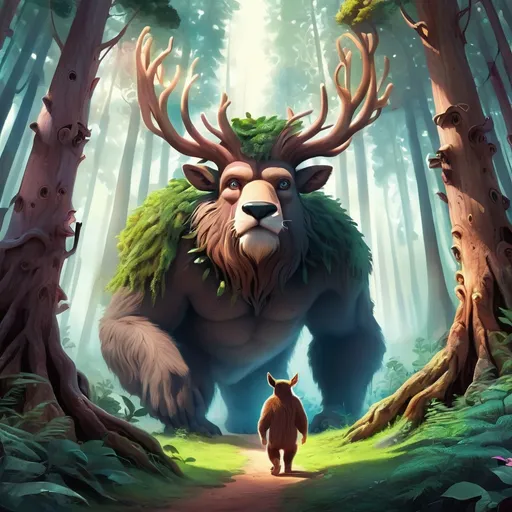 Prompt: a big forrest with big trees and fantasy animal