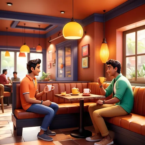 Prompt: Cozy cafe with Bollywood style Pixar 3D animation, Rohan and Sameer sitting and chatting, with warm and inviting colors.